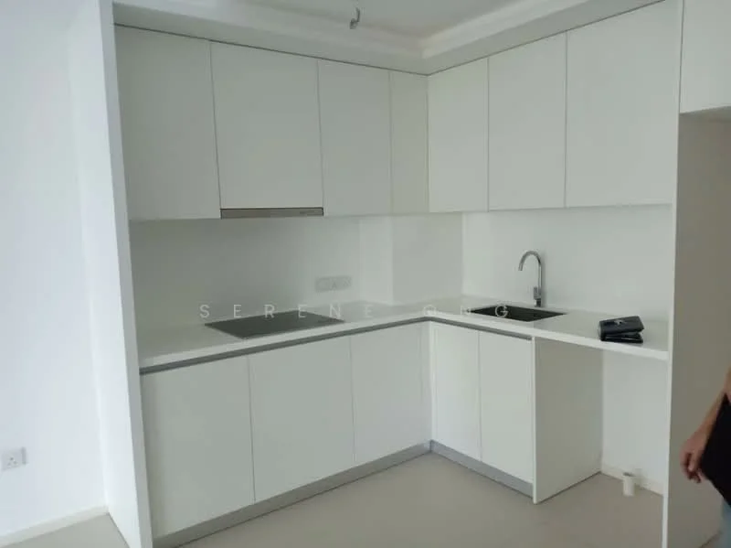 Kitchen features: white cabinetry, stainless-steel sink, chrome pull-down faucet, grey countertop, built-in oven, ceramic tile flooring, recessed downlights, wall-mounted cabinets, open shelving, corner cabinet; style: modern.
