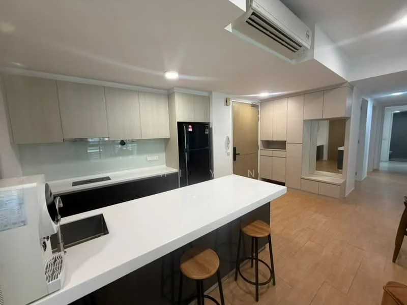 Kitchen features: white quartz countertop, black cabinetry, stainless-steel fridge, built-in microwave, ceramic tile flooring, recessed downlights, wall-mounted split AC, kitchen island with seating, glass backsplash, wooden bar stools; style: modern.