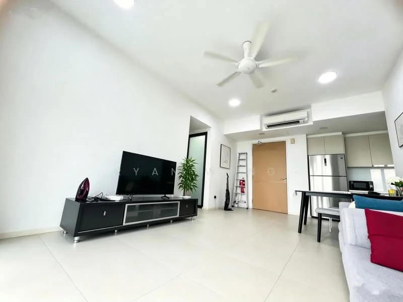 Living features: white painted walls, tile flooring, 5-blade ceiling fan with light, wall-mounted TV, black TV console, green indoor plant, dining table, stainless-steel fridge, built-in cabinets, sofa with colorful cushions, ladder, air conditioning unit; style: modern.