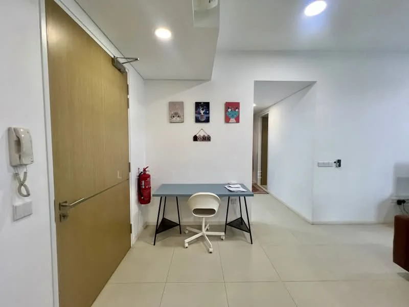 Room features: white painted walls, tile flooring, recessed downlights, wooden door, fire extinguisher on wall, desk with chair, framed artwork on wall, corner wall with angled design; style: modern.