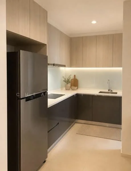 Kitchen features: stainless-steel fridge, white quartz countertop, light wood cabinetry, dark grey lower cabinets, undermount sink, chrome pull-down faucet, backlit wall, tile backsplash, neutral tile flooring, recessed downlights; style: modern.