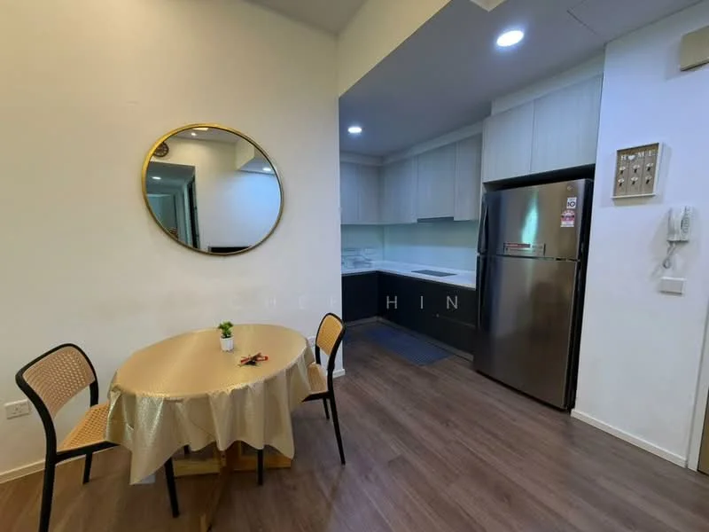 Kitchen features: white cabinetry, black countertop, stainless-steel fridge, built-in oven, ceramic tile backsplash, single-bowl stainless-steel sink, chrome pull-down faucet, recessed LED downlights, wooden flooring, round mirror, dining table with tablecloth, two dining chairs; style: modern.