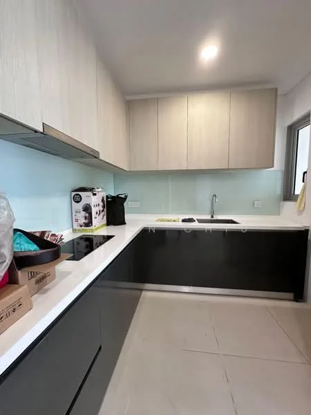 Kitchen features: white quartz countertop, black cabinetry, light wood upper cabinets, stainless-steel sink, chrome pull-down faucet, built-in induction cooktop, glass splashback, recessed downlights, tile flooring, window with view to outside; style: modern.