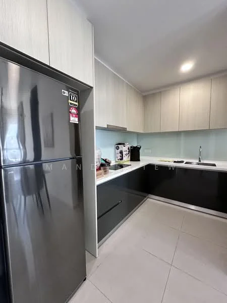 Kitchen features: stainless-steel fridge, white laminate upper cabinets, dark grey lower cabinets, white quartz countertop, single-bowl stainless-steel sink, chrome pull-down faucet, glass backsplash, built-in coffee machine, electric stove, recessed downlights, tile flooring; style: modern.