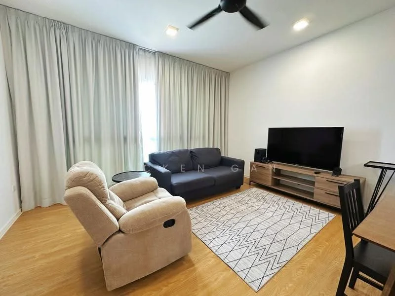 Living features: 3-seater fabric sofa in navy blue, recliner armchair in beige, coffee table, TV console, wall-mounted TV, area rug with geometric pattern, wooden flooring, floor-to-ceiling windows with sheer curtains, ceiling fan with light, decorative wall art; style: modern.