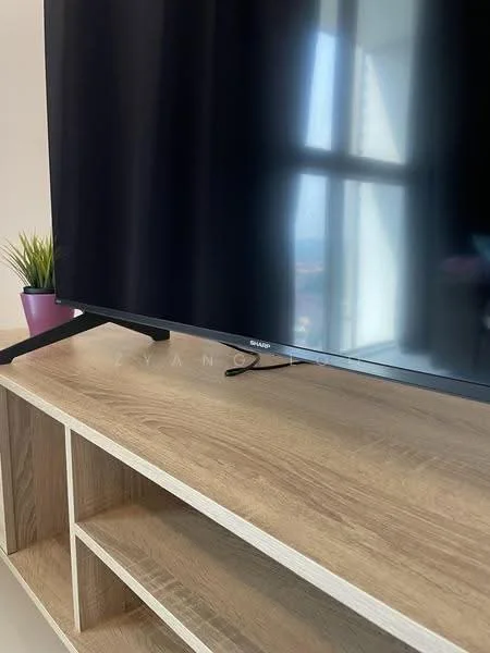 Room features: wooden TV console, flat-screen television, decorative plant in pot, open shelving.