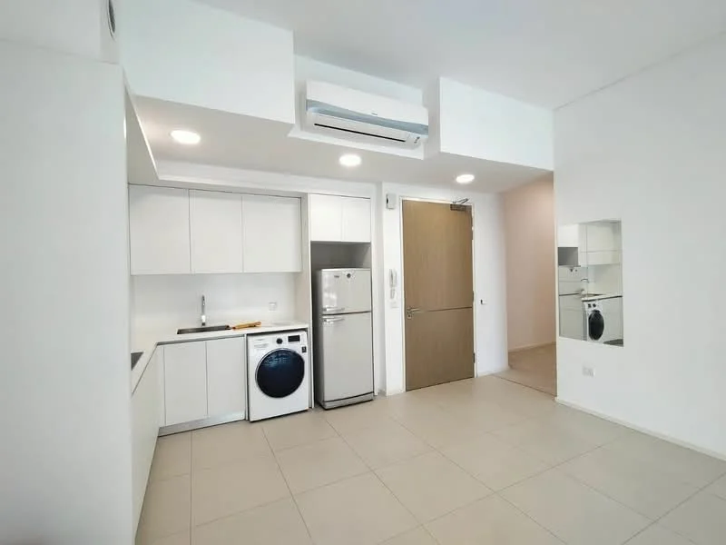 Kitchen features: white cabinetry, stainless-steel fridge, front-load washing machine, single-bowl stainless-steel sink, chrome pull-down faucet, ceramic tile flooring, recessed downlights, wall-mounted split AC, countertop with wood accent, mirror on wall; style: modern.