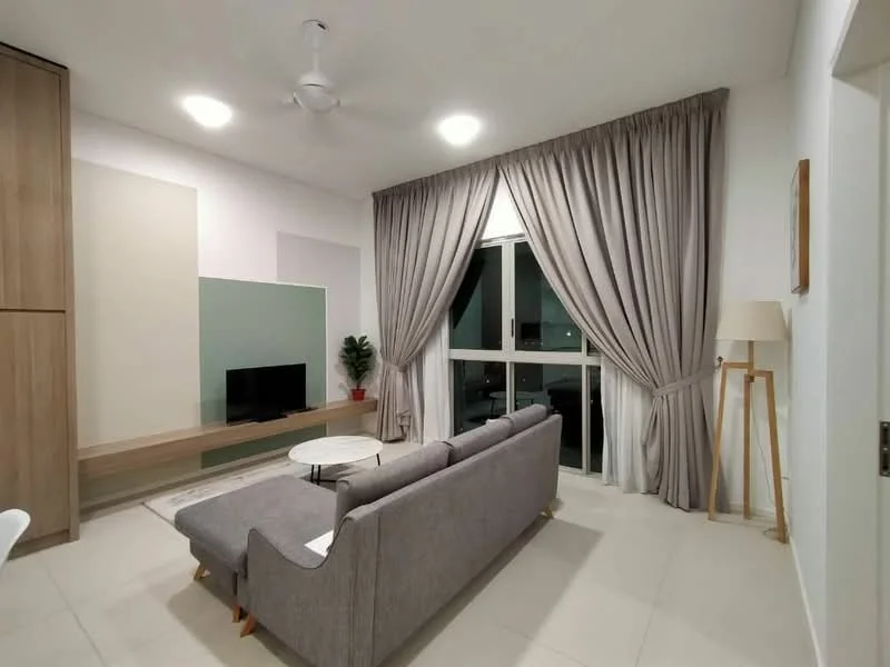 Living features: 3-seater fabric sofa in grey, coffee table, wall-mounted TV, wooden TV console, floor-to-ceiling windows, sheer curtains, ceiling fan, light-colored tiled flooring, decorative plant in pot, lampshade floor lamp, built-in cabinetry, neutral wall color; style: modern.