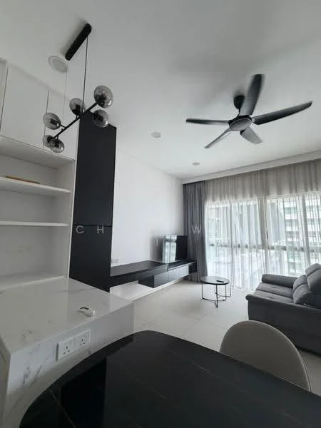 Living features: 3-seater fabric sofa in grey, coffee table, wall-mounted TV, TV console, 5-blade ceiling fan with integrated LED light, floor-to-ceiling windows with sheer curtains, white painted walls, light-colored tile flooring, open shelving unit, recessed downlights; style: modern; view: city.