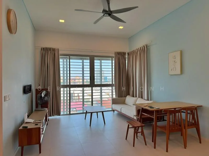 Living features: light blue painted walls, white ceiling, 5-blade ceiling fan with light, floor-to-ceiling windows, sheer curtains, light-colored sofa, wooden coffee table, wooden dining table, wooden dining chairs, wooden side table, wall clock, decorative artwork; style: modern; view: city.