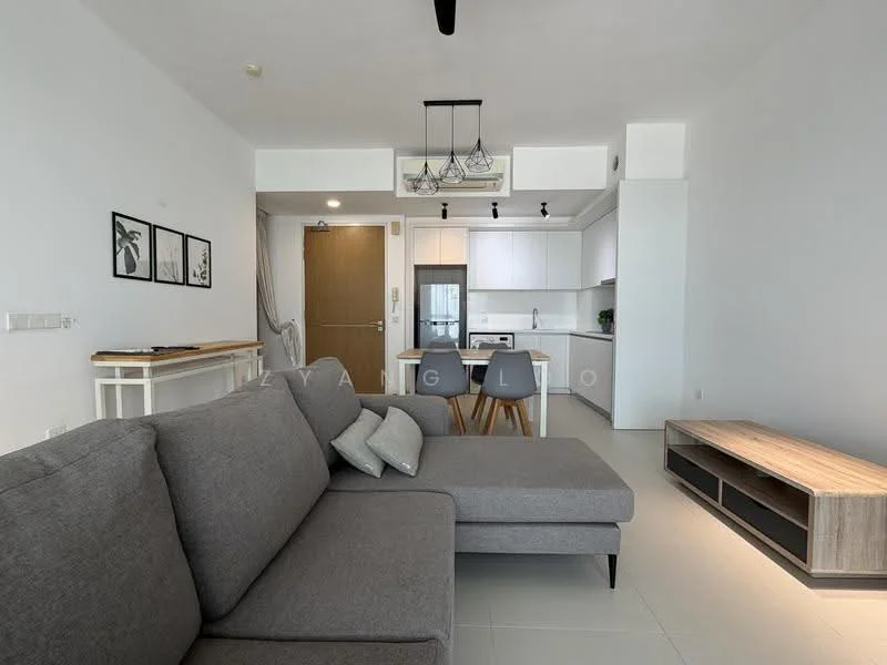 Living features: grey fabric sofa, coffee table, TV console, wall-mounted TV, open-plan layout, white painted walls, tile flooring, ceiling fan, pendant lighting, dining table with chairs, kitchen area visible, floor-to-ceiling windows; style: modern.