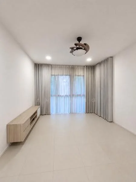 Living features: white painted walls, light-colored tile flooring, 5-blade ceiling fan with light, floor-to-ceiling windows, sheer curtains, wooden TV console, recessed lighting, neutral color scheme; style: modern.