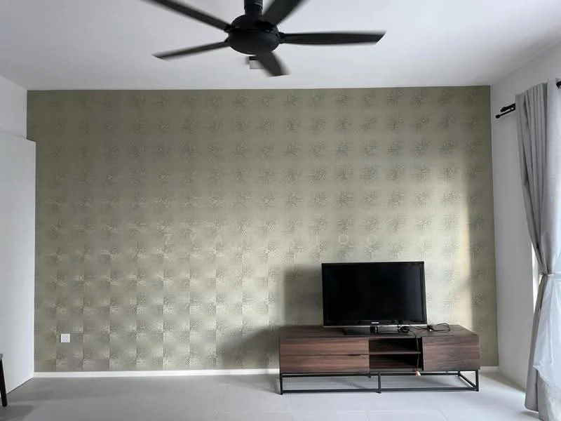 Living features: light grey walls, textured accent wall in green, floor-to-ceiling windows, grey curtains, black ceiling fan, wooden TV console, wall-mounted TV, light-coloured flooring; style: modern.