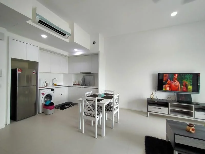 Kitchen features: white cabinetry, stainless-steel fridge, built-in oven, 4-burner gas hob, single-bowl stainless-steel sink, chrome pull-down faucet, white quartz countertop, tile backsplash; style: modern. Living features: wall-mounted TV, TV console, coffee table, 3-seater fabric sofa in grey, dining table for 4, white dining chairs, air conditioning unit, light-colored tile flooring; style: modern.