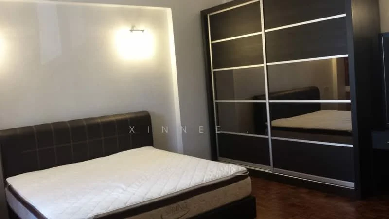 Bedroom features: queen-size bed with brown upholstered headboard, built-in wardrobe with mirrored sliding doors, wooden flooring, wall-mounted light fixtures, neutral painted walls, nightstand with drawer, decorative wall panel, window with no visible treatment; style: modern.