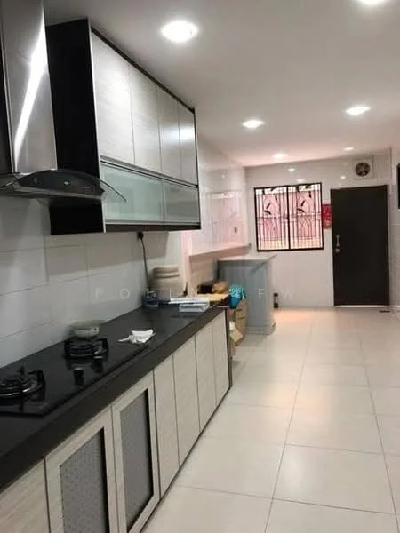 Kitchen features: black granite countertop, stainless-steel range hood, 2-burner gas hob, white cabinetry with glass fronts, white tiled walls, ceramic tile flooring, window with security bars, door leading outside, built-in shelving, under-cabinet lighting; style: modern.