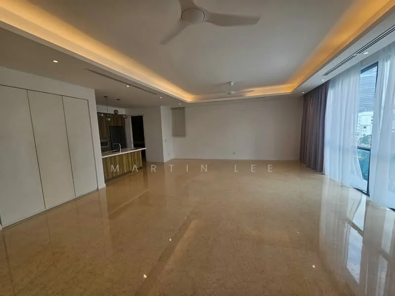 Living features: marble flooring, recessed downlights, 5-blade ceiling fan, floor-to-ceiling windows, sheer curtains, neutral painted walls, crown moulding, open layout to kitchen, natural light from windows; style: modern; view: city.