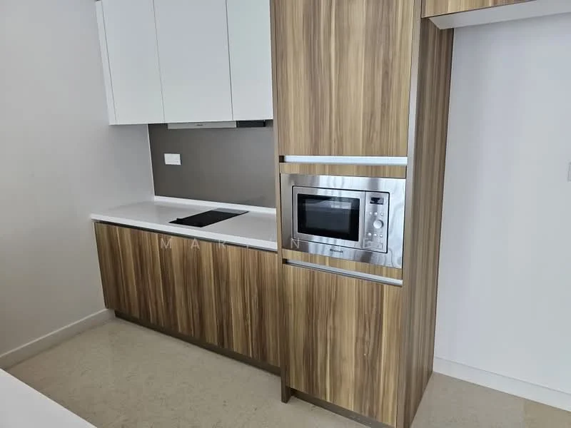 Kitchen features: white cabinetry with flat-panel design, wood veneer cabinetry, white countertop, built-in microwave, induction cooktop, grey backsplash, single-bowl stainless-steel sink, recessed downlights, cream tiled flooring; style: modern.