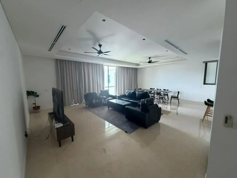 Living features: cream painted walls, polished marble flooring, tray ceiling with recessed lighting, 2 ceiling fans, 3-seater fabric sofa in navy blue, 2-seater fabric sofa in navy blue, coffee table, TV console, wall-mounted TV, area rug with geometric pattern, dining table with 6 chairs, large windows with sheer curtains; style: modern.