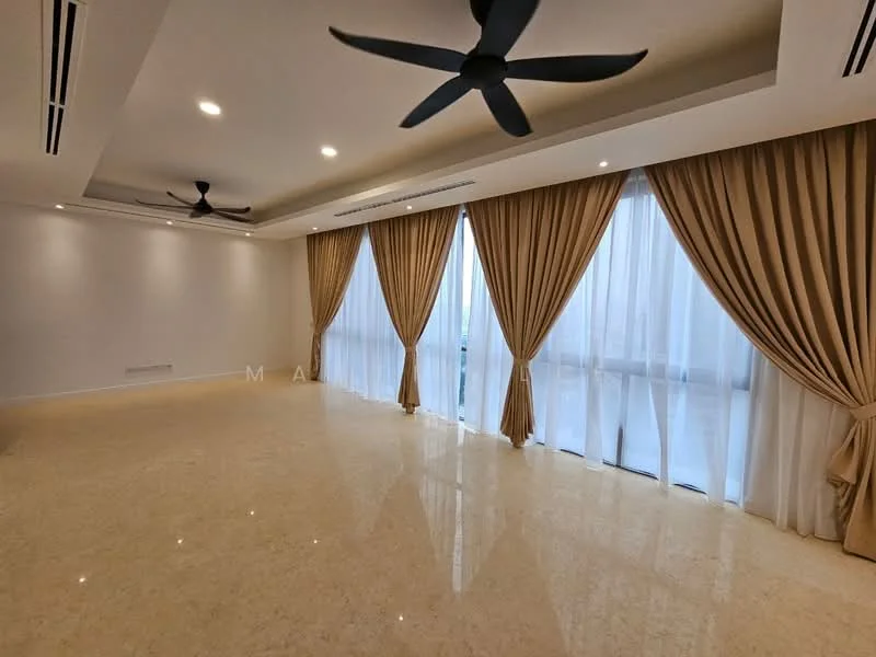 Living features: cream marble flooring, white painted walls, tray ceiling with recessed lighting, 2 ceiling fans, floor-to-ceiling windows, sheer curtains, heavy drapes, natural light from windows; style: modern; view: city.