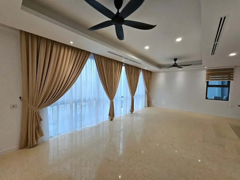 Living features: cream marble flooring, white painted walls, tray ceiling with recessed lighting, 2 ceiling fans, floor-to-ceiling windows, sheer curtains, brown drapes, city view; style: modern; view: city.