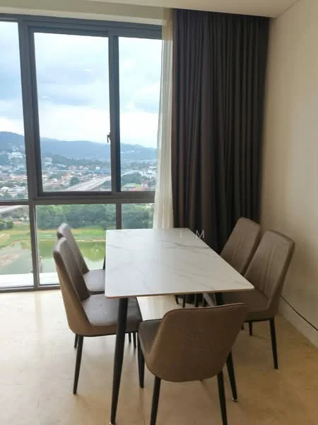 Dining features: marble dining table, 4 upholstered dining chairs in beige, floor-to-ceiling windows, curtains in dark brown, view of greenery and hills, light-colored flooring, neutral wall color, minimalist decor; style: modern; view: garden.