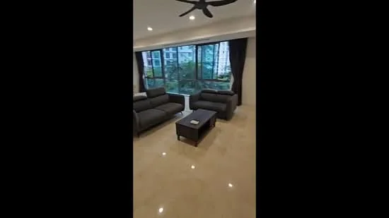 Living features: 2-seater fabric sofa in grey, 3-seater fabric sofa in grey, coffee table, floor-to-ceiling windows, blackout curtains, marble flooring, ceiling fan, decorative wall, view of greenery; style: modern; view: garden.