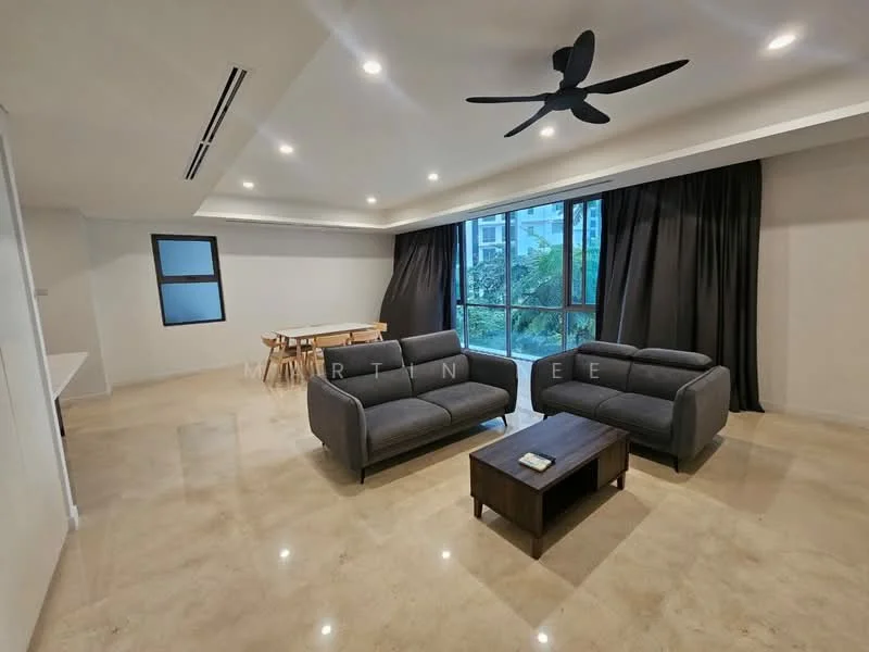 Living features: 2-seater fabric sofa in grey, 3-seater fabric sofa in grey, coffee table, floor-to-ceiling windows, blackout curtains, marble flooring, ceiling fan with 3 blades, recessed downlights, neutral painted walls, decorative wall, view of greenery; style: modern; view: garden. Dining features: dining table, wooden dining chairs; style: modern; view: garden.