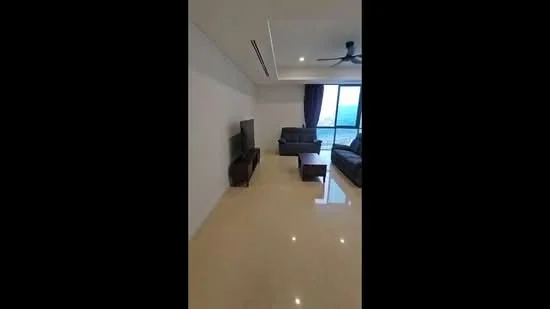 Living features: marble flooring, white painted walls, 5-blade ceiling fan with light, sofa in grey, coffee table, TV console, wall-mounted TV, floor-to-ceiling windows, curtains, city view; style: modern; view: city.