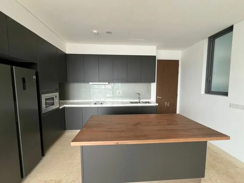 Kitchen features: dark grey cabinetry, white countertop, stainless-steel fridge, built-in microwave, single-bowl stainless-steel sink, chrome pull-down faucet, glass backsplash, kitchen island with wooden top, recessed downlights, tile flooring, large window, open layout; style: modern.