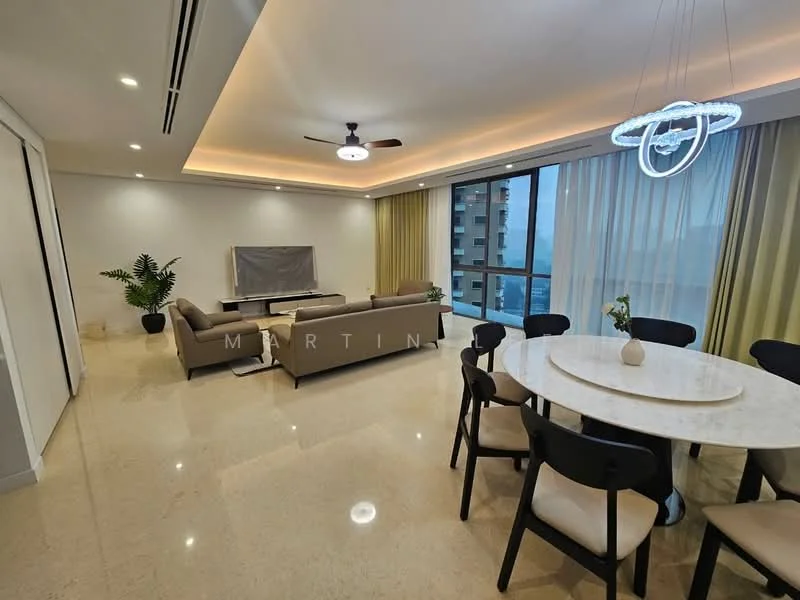 Living features: 3-seater fabric sofa in beige, 2-seater fabric sofa in beige, coffee table, TV console, wall-mounted TV, area rug, ceiling fan with light, recessed downlights, floor-to-ceiling windows, curtains, marble flooring, decorative plant; style: modern; view: city. Dining features: round dining table with marble top, 4 upholstered dining chairs, decorative vase, ceiling light fixture; style: modern; view: city.