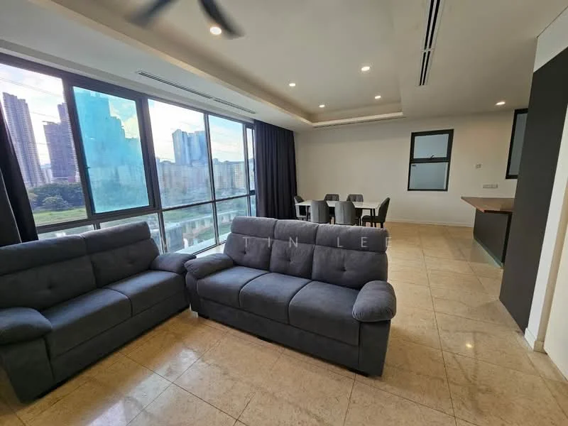 Living features: 2-seater fabric sofa in grey, 3-seater fabric sofa in grey, floor-to-ceiling windows, city view, marble tile flooring, recessed downlights, ceiling fan, curtains, dining table with chairs visible in background, open layout to kitchen area; style: modern; view: city.