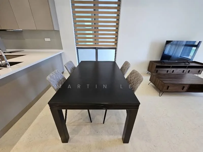 Dining features: black dining table, 4 upholstered dining chairs in grey, floor-to-ceiling window, roller blinds, light-colored flooring, modern sideboard, wall-mounted TV, minimalist decor; style: modern.