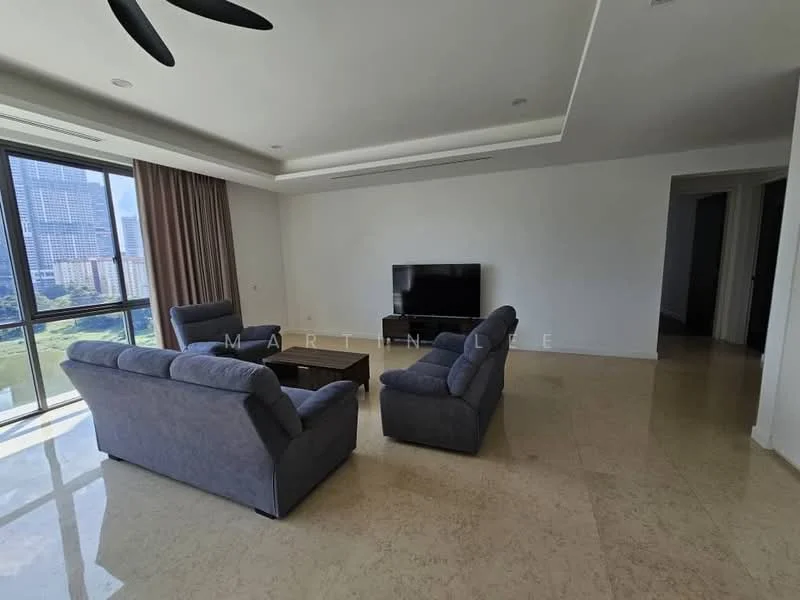 Living features: 3-seater fabric sofa in grey, 2-seater fabric sofa in grey, coffee table, wall-mounted TV, floor-to-ceiling windows, curtains, marble flooring, ceiling fan with light, neutral painted walls, recessed downlights; style: modern; view: city.