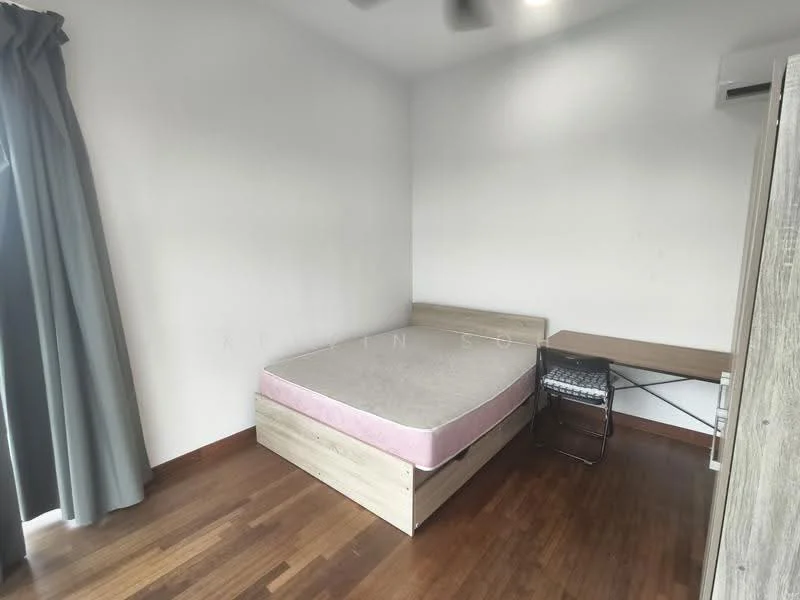 Bedroom features: wooden flooring, white painted walls, ceiling fan, single bed frame, mattress, study desk, chair, curtains, air conditioning unit; style: modern.