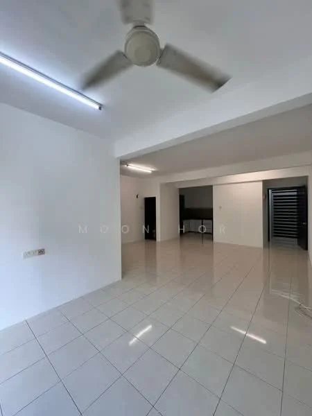 Living features: white painted walls, glossy white tile flooring, 5-blade ceiling fan, recessed lighting, open layout, large windows, neutral color scheme, no visible furniture; style: modern. Room features: white painted walls, glossy white tile flooring, open layout, neutral color scheme, no visible furniture.