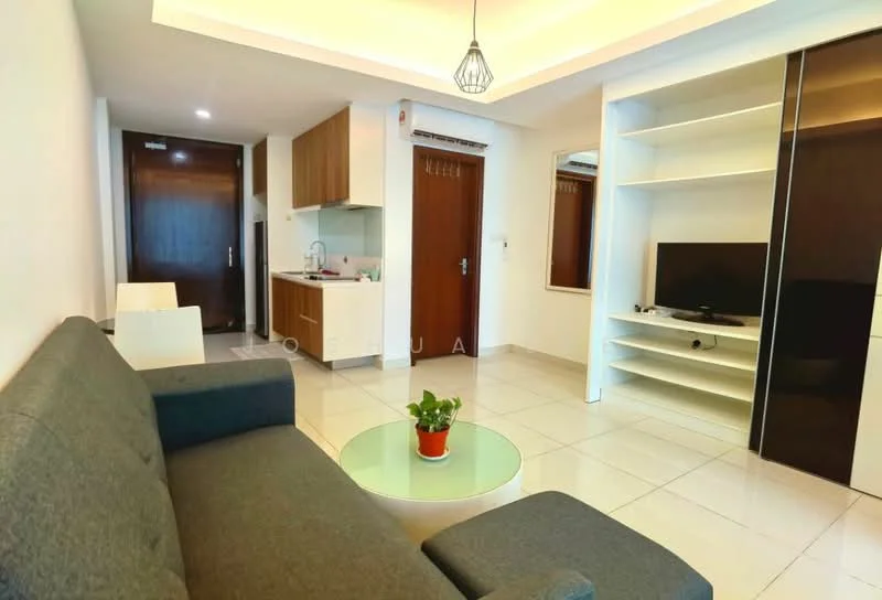 Living features: grey fabric sofa, round glass coffee table, wall-mounted TV, white shelving unit, mirror on wall, tile flooring, recessed ceiling lights, open kitchen area, kitchen cabinetry, kitchen sink, kitchen countertop; style: modern.