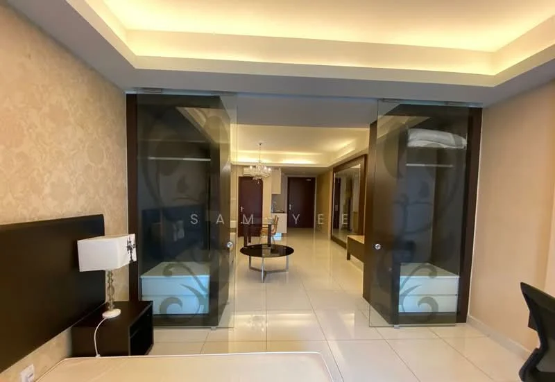 Room features: white painted walls, glossy tile flooring, recessed downlights, glass sliding doors, chandelier, decorative wall pattern, neutral color scheme, open layout, two beds with headboards, round coffee table; style: modern.