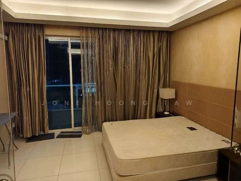 Bedroom features: floor-to-ceiling windows, sliding glass door, sheer curtains, cream painted walls, tile flooring, recessed lighting, queen-size bed frame, nightstand with lamp, empty mattress, desk with chair; style: modern; view: city.