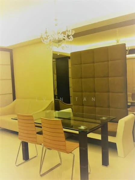 Living features: cream painted walls, white ceiling, chandelier, glass dining table, 4 wooden dining chairs, beige sofa, partition wall with upholstered panels, polished tile flooring; style: modern.