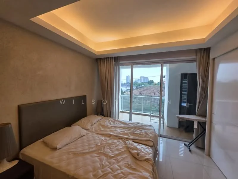 Bedroom features: king-size bed with white bedding, upholstered headboard, floor-to-ceiling sliding glass door, curtains, recessed ceiling lights, white painted walls, glossy tile flooring, built-in wardrobe with sliding doors, side table with lamp, view of city skyline; style: modern; view: city.