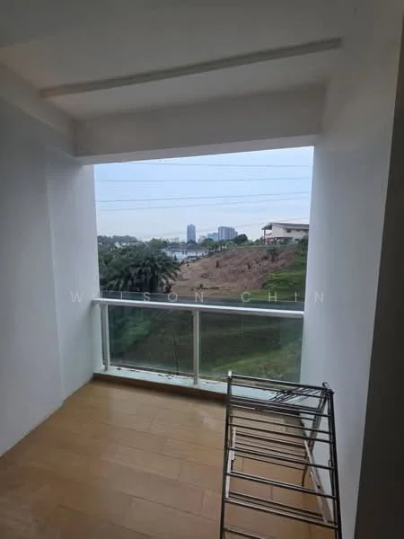 Room features: white painted walls, wooden flooring, glass sliding door, view of city skyline, balcony railing, clothes drying rack; view: city.