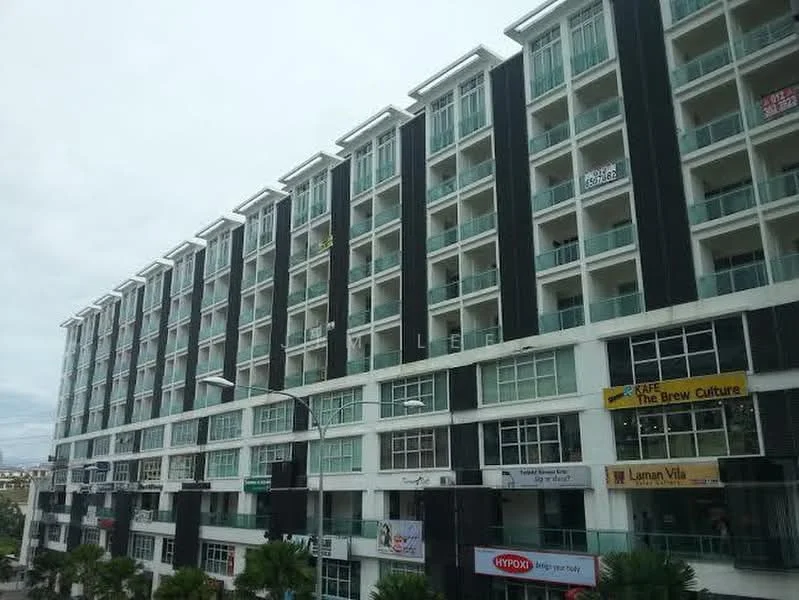 Exterior type: mid-rise condominium; features: glass curtain wall, black and white facade, recessed balconies, multiple storeys, commercial units on ground floor, large windows, signage visible, manicured landscaping in front; style: modern.