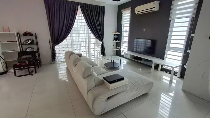 Living features: white fabric sectional sofa, coffee table, wall-mounted TV, TV console, floor-to-ceiling windows, sheer curtains, blackout curtains, white walls, grey accent wall, recessed downlights, polished tile flooring, air conditioning unit; style: modern.