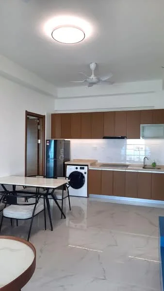 Kitchen features: white walls, marble tile flooring, 5-blade ceiling fan with light, recessed downlights, brown cabinetry, black countertop, stainless-steel fridge, built-in oven, washing machine, sink, kitchen island, dining table with chairs; style: modern.