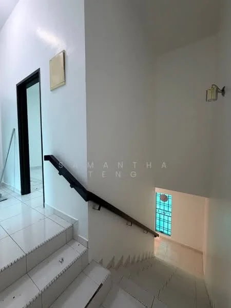 Room features: white painted walls, white tiled flooring, staircase with wooden handrail, glass block window, recessed lighting, open space, neutral color scheme; style: modern.