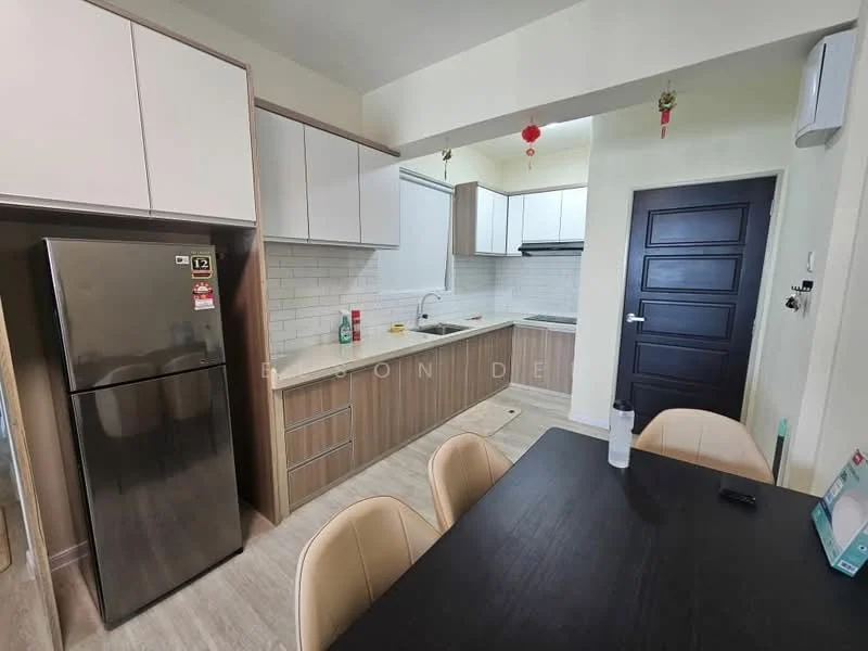 Kitchen features: stainless-steel fridge, wood cabinetry, white tiled backsplash, granite countertop, single-bowl stainless-steel sink, chrome pull-down faucet, built-in oven, 4-burner gas hob, wall-mounted range hood, dining table with four chairs, light-colored walls, tile flooring; style: modern.