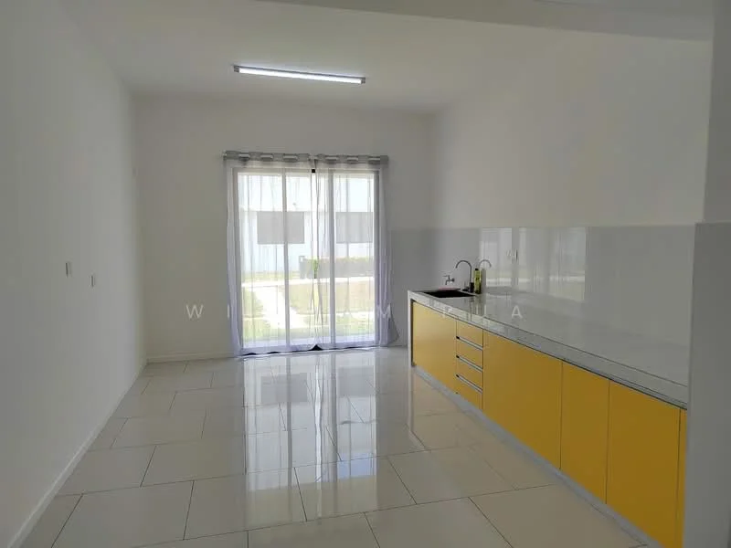Kitchen features: yellow cabinetry, white countertop, single-bowl stainless-steel sink, chrome pull-down faucet, white tiled flooring, white painted walls, sliding glass door, window treatments with sheer curtains, recessed LED downlights; style: modern; view: garden.