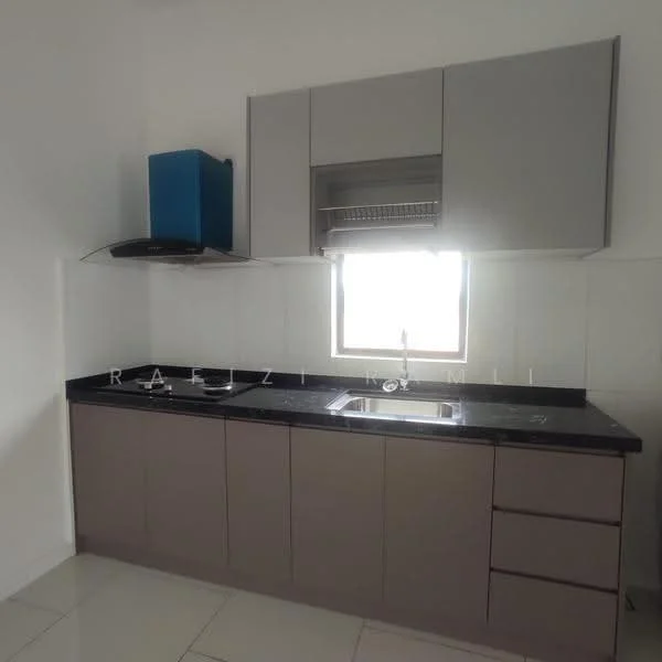 Kitchen features: grey cabinetry, black granite countertop, single-bowl stainless-steel sink, chrome pull-down faucet, built-in oven, stainless-steel range hood, white tiled backsplash, window above sink, ceramic tile flooring, recessed downlights; style: modern.