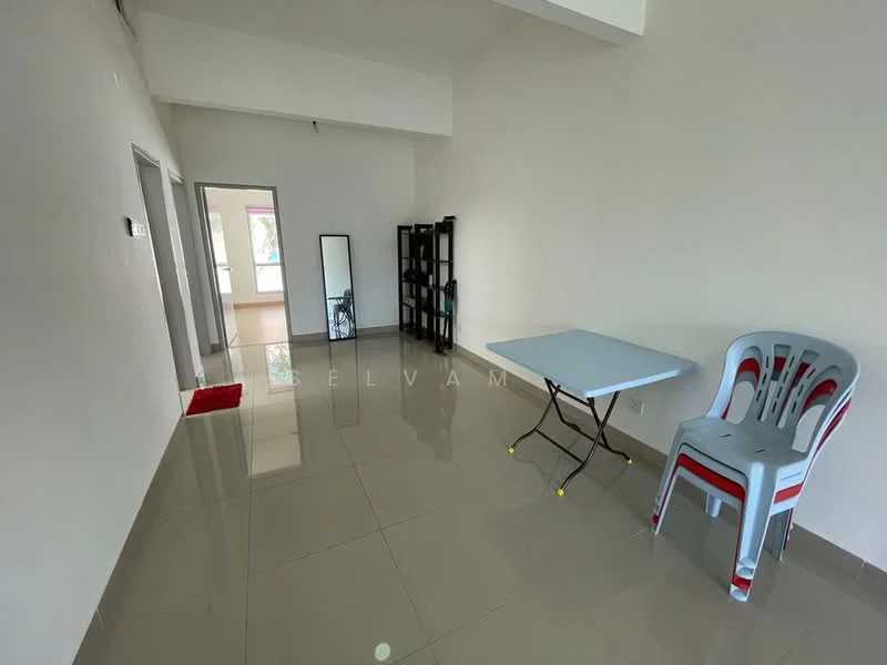 Room features: white painted walls, glossy ceramic tile flooring, large windows, foldable table, plastic chairs, mirror, black shelving unit, red doormat; style: modern.